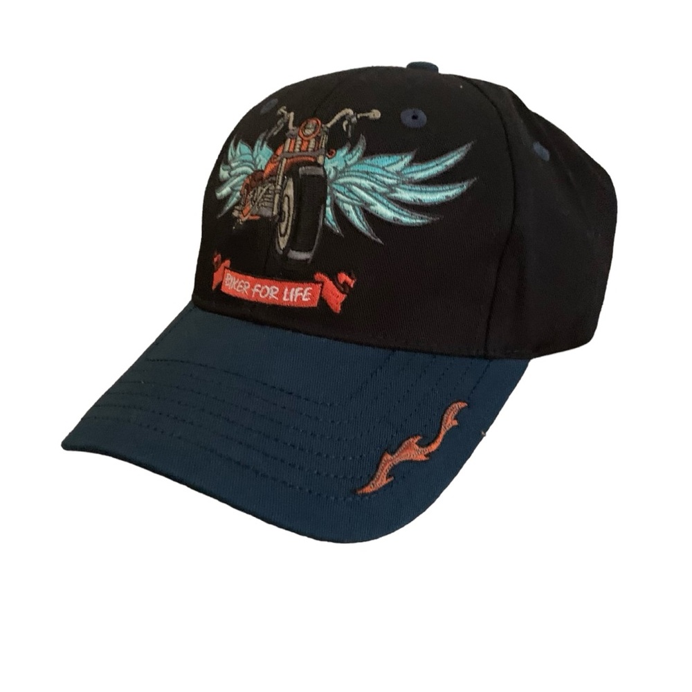 Vintage Biker For Life Strapback Hat Navy Blue Motorcycle Chopper Cap
